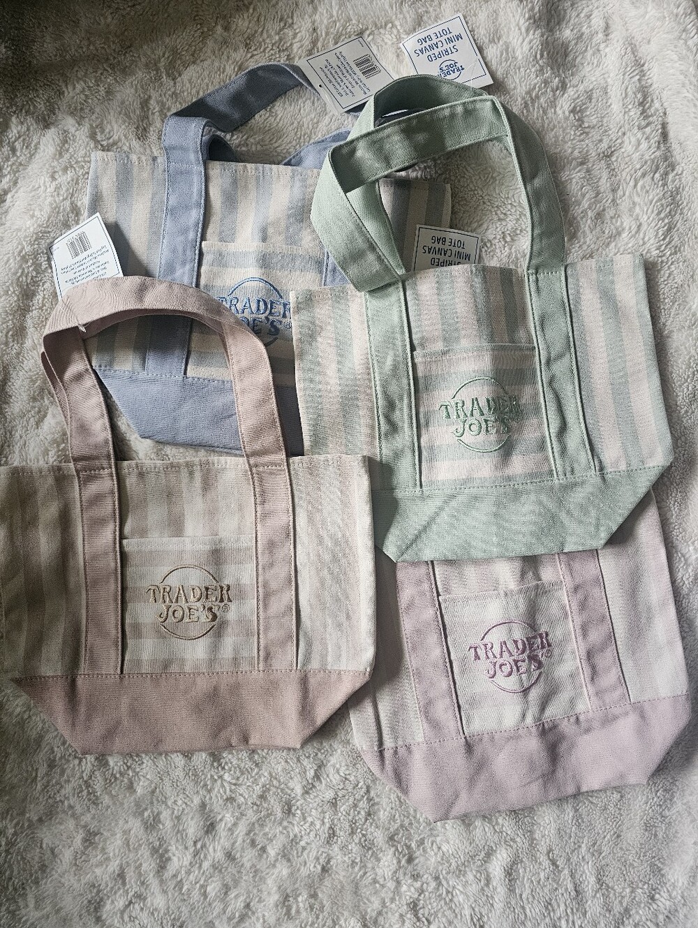 NEW Viral Set of 4 striped TRADER JOES MINI TOTE BAGS. 1 of each color